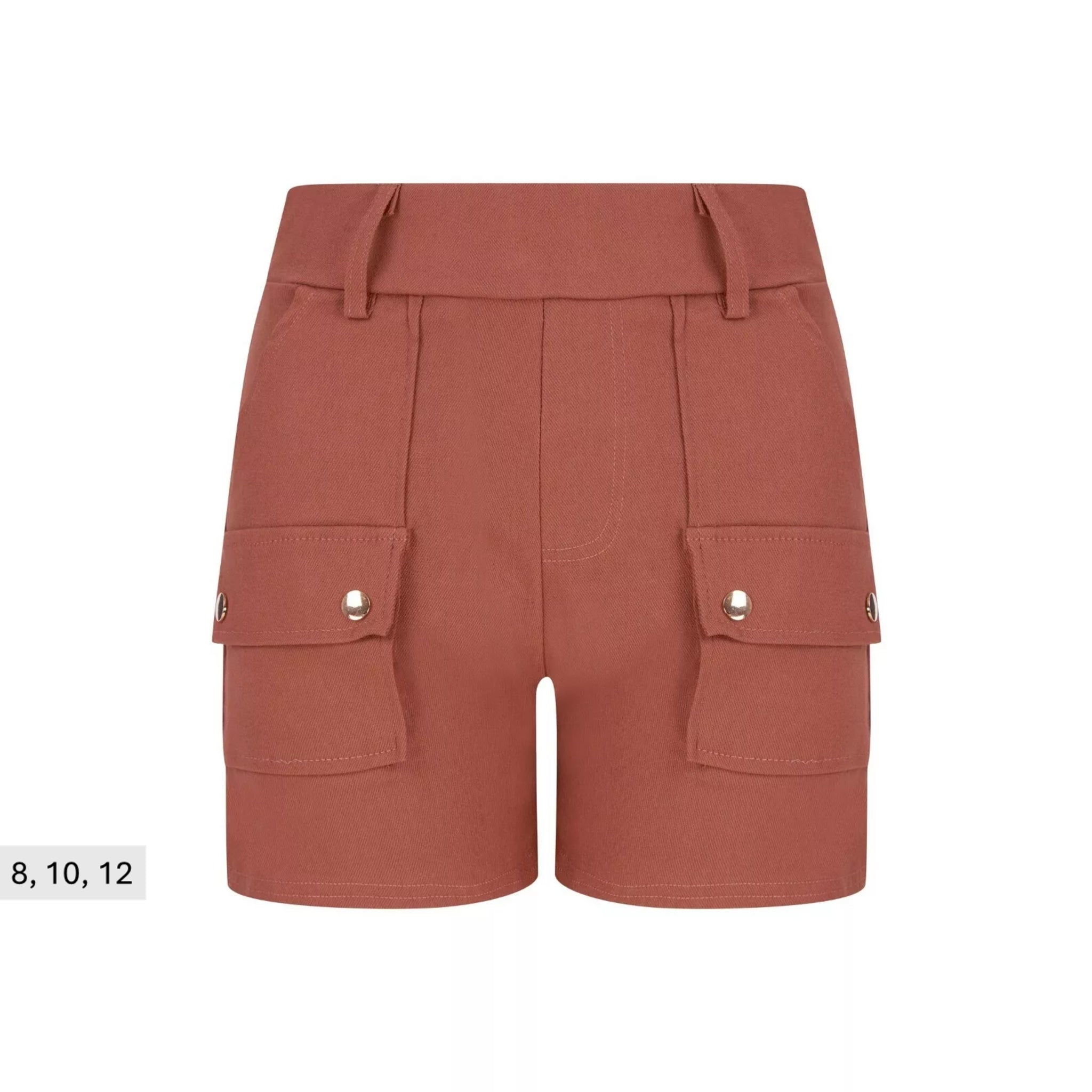 Ladies' terrecota brown fashion shorts with front flap pockets and silver button detail β high-waisted smart casual summer shorts